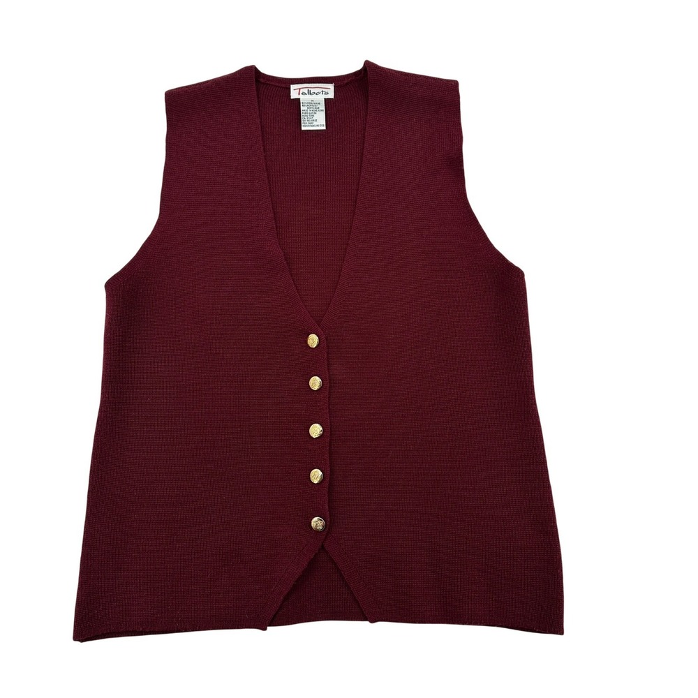 Talbots Womens M Burgundy V Neck Button Front Knit Vest  Wool Blend Grannycore